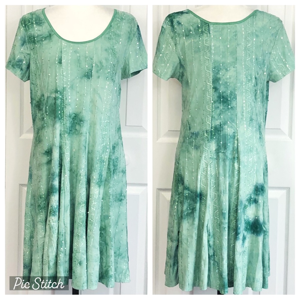 Sami & Jo Green Tie Dye Print Stitched Sequin Flare Mini Dress Large